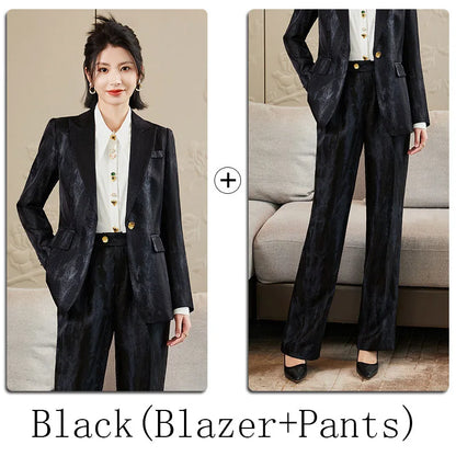 Women Golden Black Formal Pant Suit Autumn Female Tie-dye Blazer and Trouser 2 Piece Set For Office Ladies Winter Work Wear
