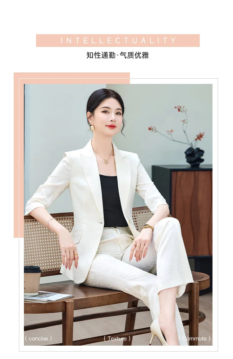 Fashion Purple Half Sleeve Professional Suit Women New Summer Elegant Formal Slim Blazer And Pants Office Ladies Work Wear