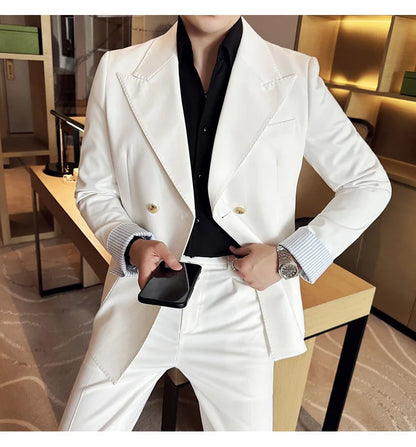 Korean Style Double Breasted Suit Jacket for Men Fashion Casual Business Suit Jackets Office Social Banquet Blazer Masculino