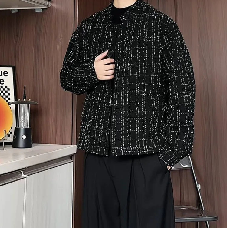 Men's Spring High-End Plaid Blazer Bad Boy Style Cropped Jacket Chinese Stand Collar Suit Outerwear