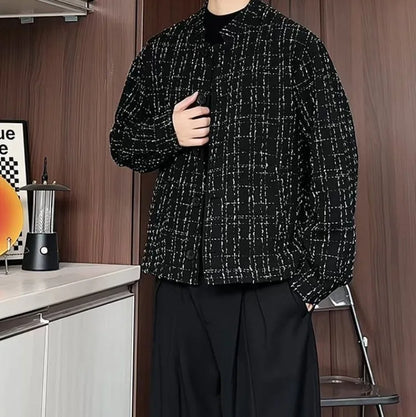 Men's Spring High-End Plaid Blazer Bad Boy Style Cropped Jacket Chinese Stand Collar Suit Outerwear