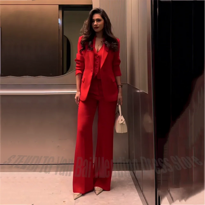 Modern Elegant Women's Red Suit Three Piece Slim FIt Solid Color Single Breasted Formal Occasion Business Female Clothing