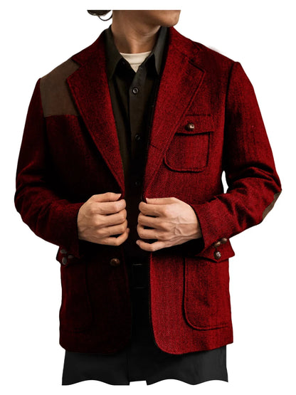 Men's Herringbone Tweed Blazer Shoulder Patchwork Suede Notch Lapel Suit Jacket Classic Fit Casual Business Vintage Sport Coat