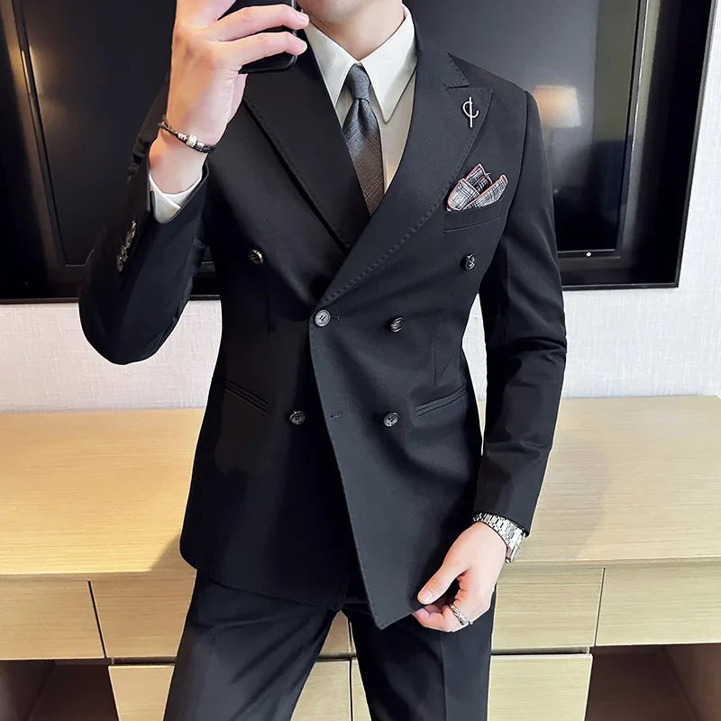 (Jackets +Pants ) Men's Suits 2 Piece High-Quality Double Breasted Lapel Solid Business Groom Wedding Tuxedo Banquet Clothing