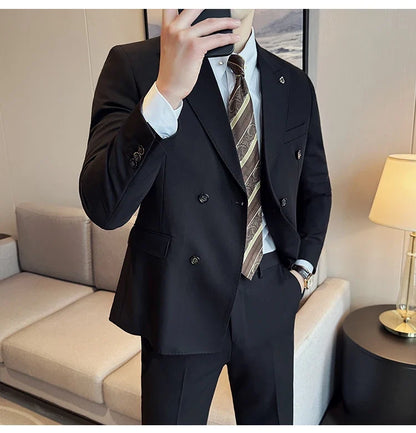 Men's Double Breasted Slim Fit Suit Set – Wedding & Smart Casual – Navy Blue, Brown, Black