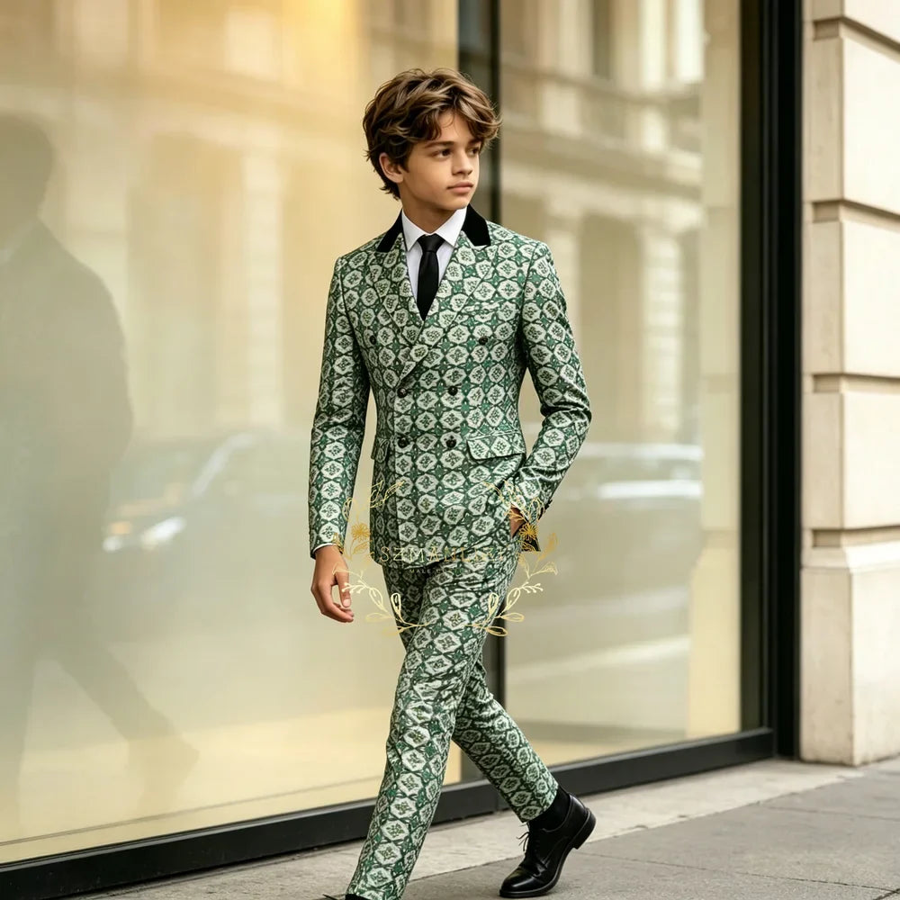 Green Floral Double Breasted Formal Boys Suit Set Peaked Lapel Wedding Birthday Party Tuxedo Costume Kids Blazer Pants Clothes