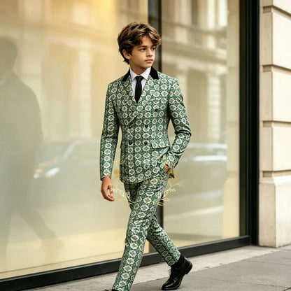 Green Floral Double Breasted Formal Boys Suit Set Peaked Lapel Wedding Birthday Party Tuxedo Costume Kids Blazer Pants Clothes