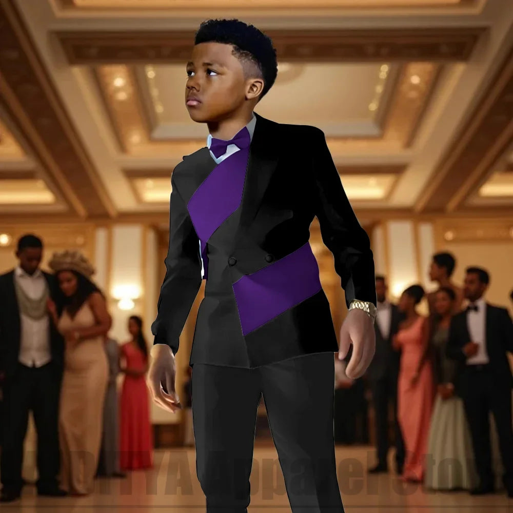 Fashion Contrast Color Children's Suit 2 Piece Double Breasted Outfit Formal Wedding Party Prom Boys Suits (Blazer+Pants)