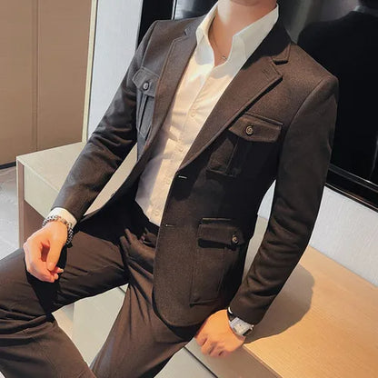 Winter Woolen Suit Jacket for Men Multiple Pockets Slim Fit Casual Business Blazers Masculino Wedding Streetwear Social Coats