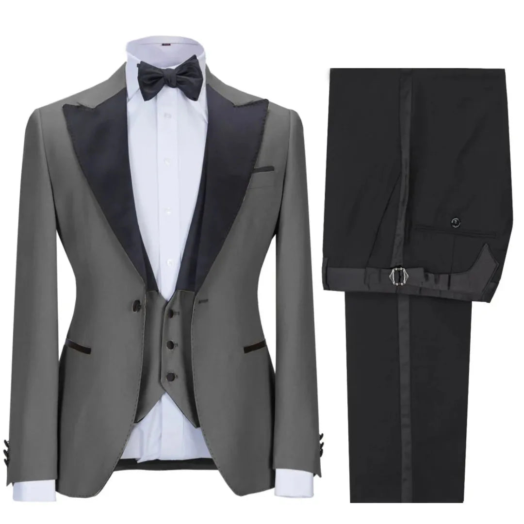 Men Suit 3 Pieces Beige With Black Lapel Single Button For Wedding Business Banquet Party Office Daily Work Jacket Vest Pants