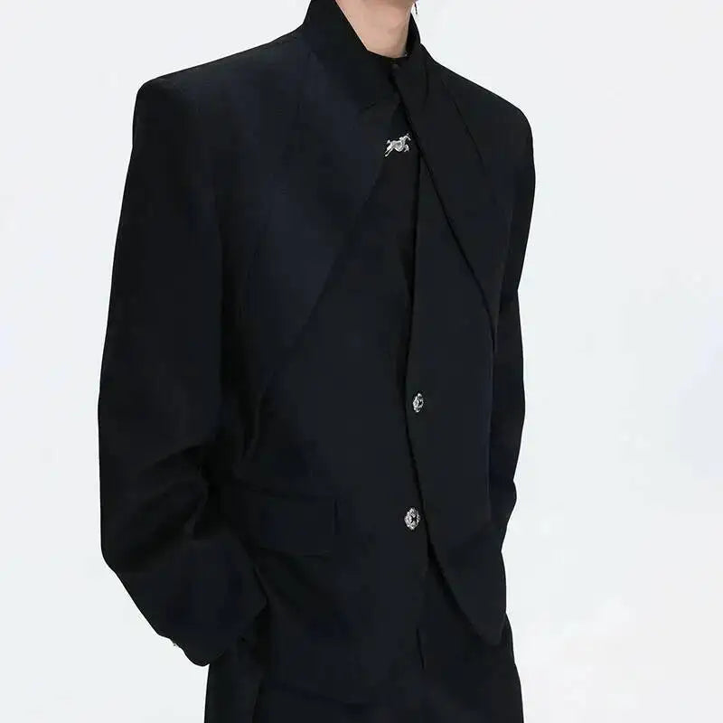 2026 Spring Patchwork Design Cross Collar Solid Color Casual Jacket Men Fashion Elegant Temperament Straight Pants JY6553
