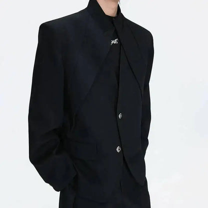 2026 Spring Patchwork Design Cross Collar Solid Color Casual Jacket Men Fashion Elegant Temperament Straight Pants JY6553