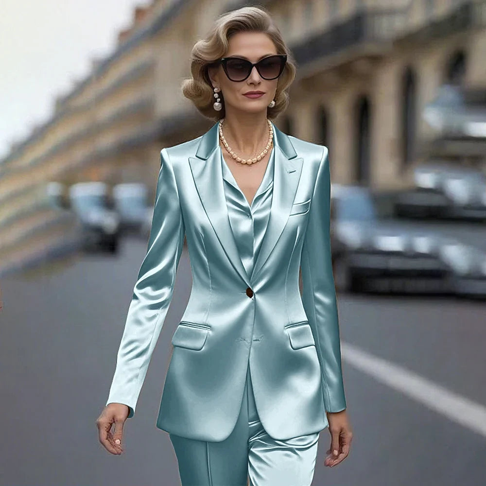 Women's Gold Satin Blazer Suit Set Stylish Single-Breasted Jacket+Pants Luxe Shiny Two-piece for Cocktail Party Wedding Guest