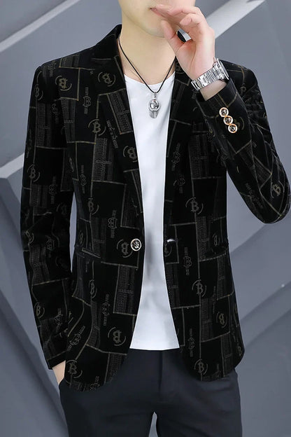 Autumn Luxury Corduroy Suit Jacket for Men Letter Printed Casual Business Men Blazers Slim Fit Social Banquet Party Dress Coats