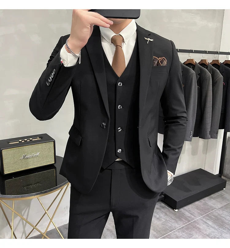 (Jacket +Vest+Pants) Plus Size 7XL-S Men Korean Slim Fit Groom Wedding Business Casual Tuxedo Mens Work Social Suit 3 Pieces
