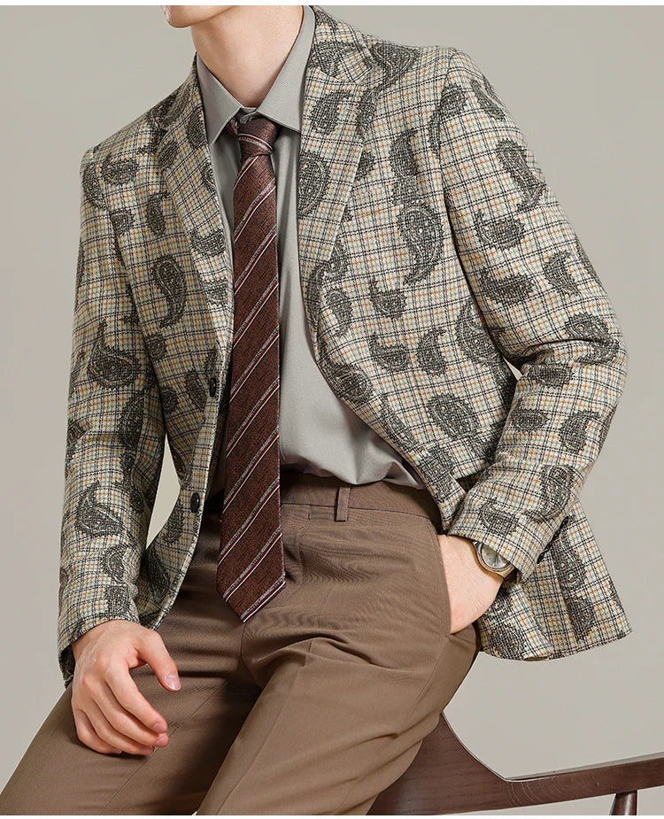 Autumn Winter Cashew Plaid Suit Jacket Men Fashion Casual Embroidered Jacquard Suit Jackets Business Social Party Men Blazers