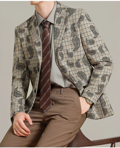 Autumn Winter Cashew Plaid Suit Jacket Men Fashion Casual Embroidered Jacquard Suit Jackets Business Social Party Men Blazers