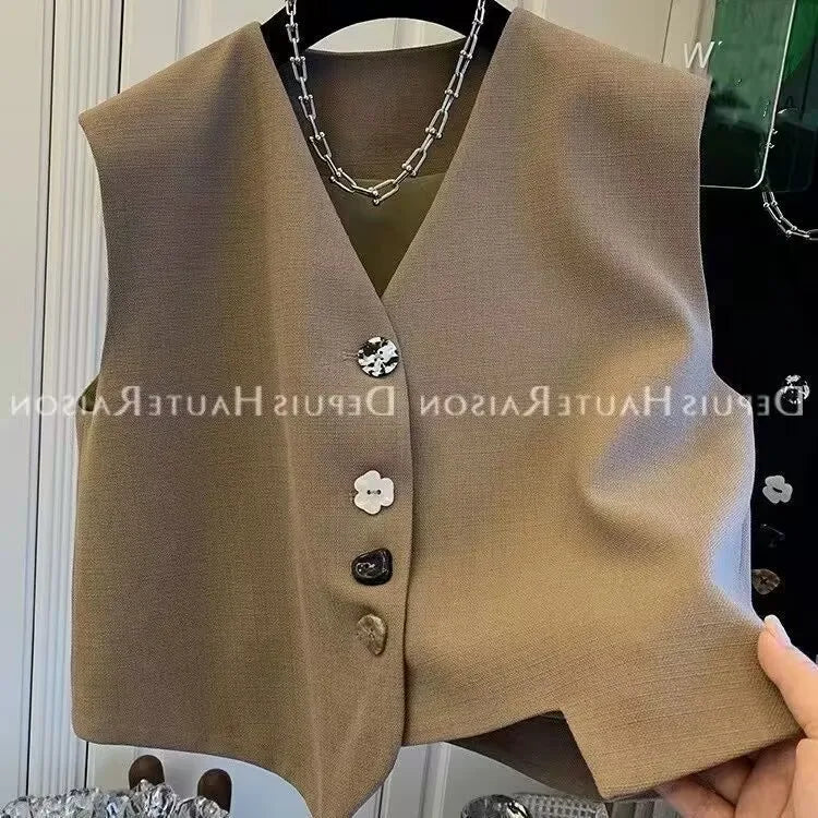 Fashion Irregular V-neck Suit Vests Tops Women 2025 New Summer Unique Buttons Solid All-match Sleeveless Waistcoats Female