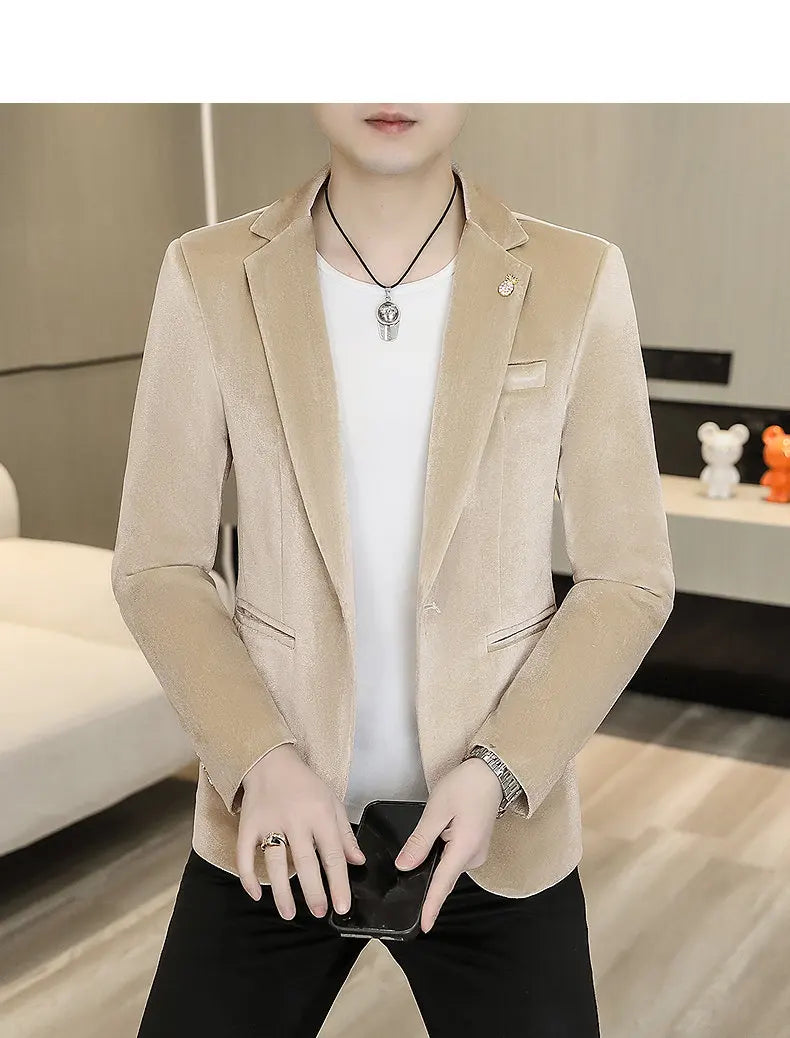 Blazer: An Outdoor Fashion Business Gentleman Wedding Host Slim-fit Casual Korean-style Youthful Men's Golden Velvet Blazer