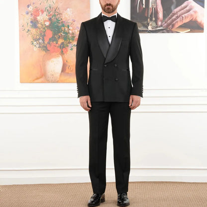 Men Suit Black 2 Pieces Double Breasted With Black Lapel For Wedding Birthday Banquet Party Business Work Office Jacket Pants