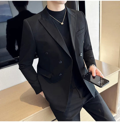 Autumn High-quality Double Breasted Slim Fit Suit Jacket Men Versatile Casual Business Blazer Wedding Social Banquet Formal Coat