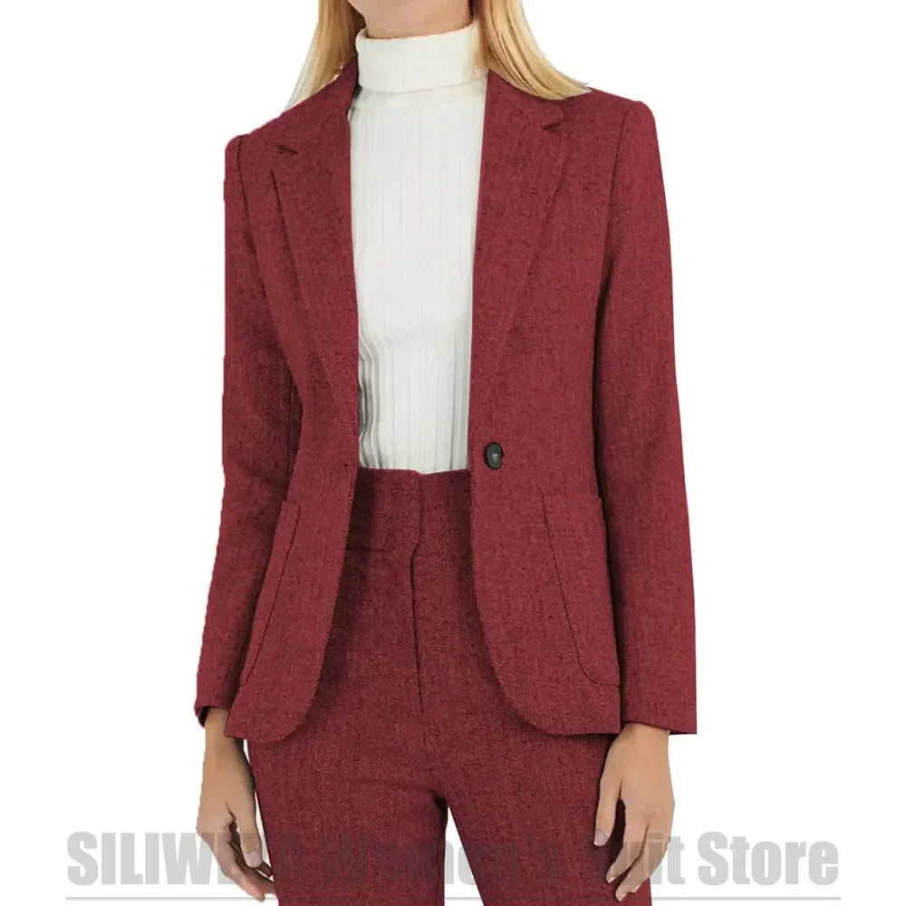 Fashion Herringbone Women's Suit One Button Wool Blend Blazer and Pants Set Formal Office Two Piece Stylish Daily Casual Suits