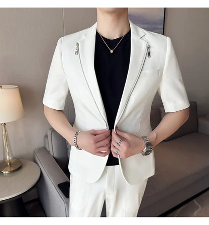 2023 Summer Zipper Decoration Blazers Men Casual Business Suit Jacket Slim Fit 3/4 Sleeve Streetwear Social Jacket Men Clothing
