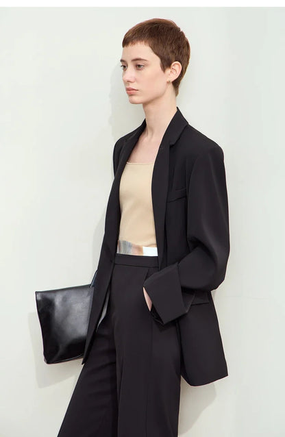 Minimalism Women Tailored Coat 2024 Autumn New Office Lady Lapel Collar Print Patchwork Mid-length Loose Blazer 12443016