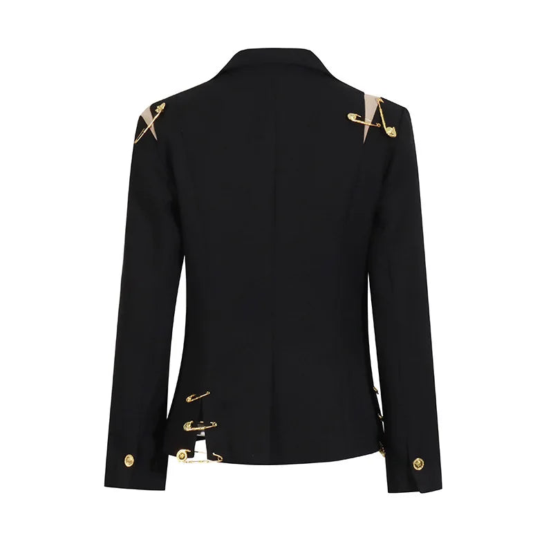 Autumn New Women Chic Blazer Asymmetrical Pin Design Single Button Slim Fit Elegant Fashion Office Lady Stylish Coat HK9876