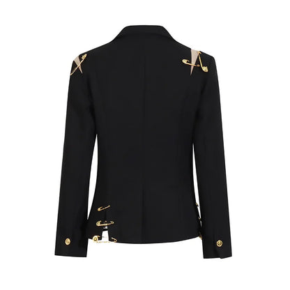 Autumn New Women Chic Blazer Asymmetrical Pin Design Single Button Slim Fit Elegant Fashion Office Lady Stylish Coat HK9876