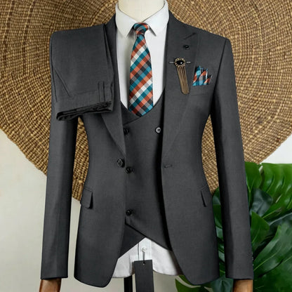 Men Suit Brown 3 Piece Solid With Lapel For Wedding Groom Birthday Banquet Party Prom Business Office Work Jacket Vest Pants