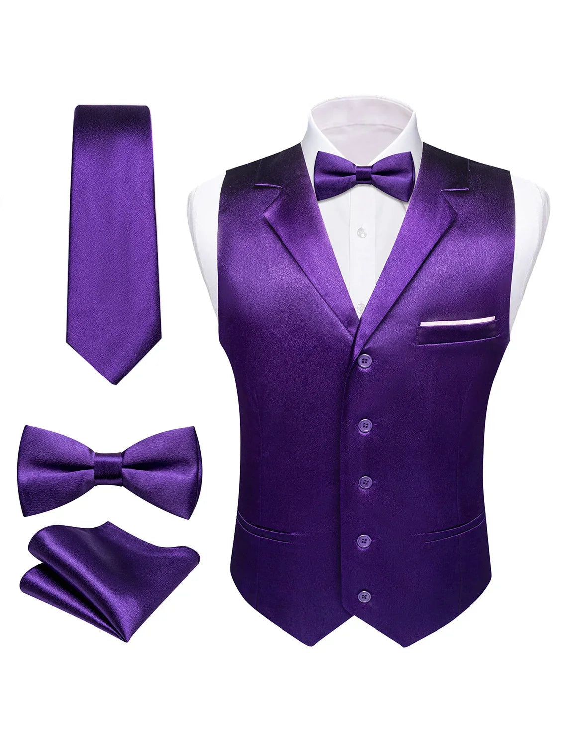 Men's Satin Vest Set with Tie, Bowtie & Pocket Square – Slim Fit for Weddings & Formal Occasions