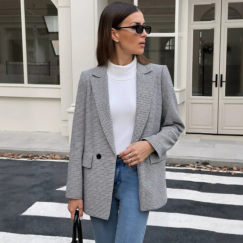 Spring Autumn 2026 Vintage Houndstooth Blazer Women Notched Loose Jacket Coat Women Clothing Female Casual 63997
