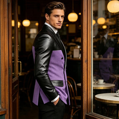 Men's Double Breasted Suit Blazer with Leather Patchwork for Weddings and Formal Events