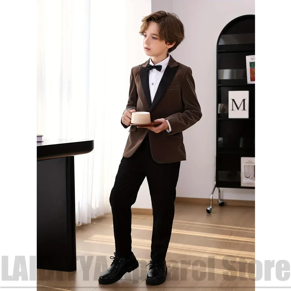 Kids Boys Velvet Formal Suit Set Peak Lapel Jacket Trousers Bow Tie Children Wedding Ring Bearer Suit Birthday Party Tuxedo