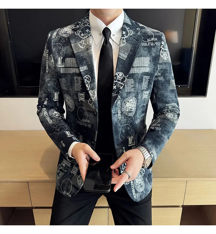 2024 Autumn Winter Jacquard Denim Suit Jacket for Men Fashion Business Casual Blazers Streetwear Social Men Clothing