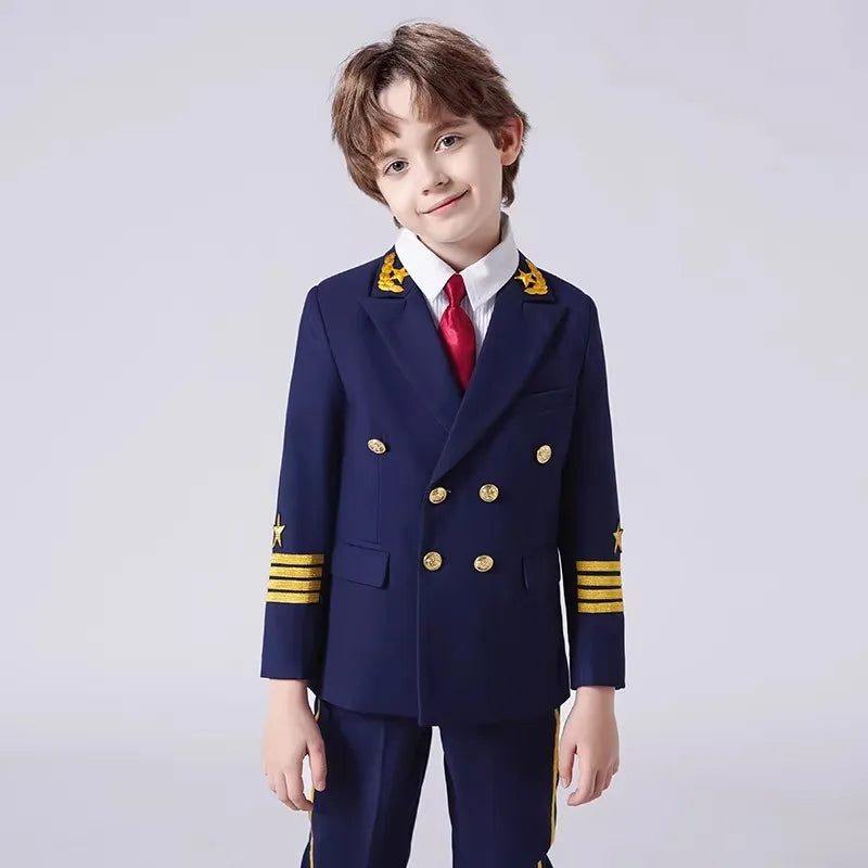 Boys Grils Pilot Uniform Suit Kids Formal Jakcet Pants Tuxedo Wedding Dress Children Birthday Photography Outfit Set