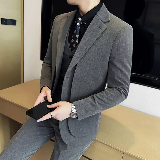 British Style Fake Two-piece Suit Set Men's Wedding Groom Dress 3 Piece Set Suit Vest Trousers Slim Office Business Casual Suits