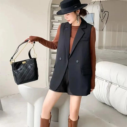 Vintage Sleeveless Suit Vest Fashion Casual Lapel Suit Waistcoat 2025 Summer Women Office Double Breasted Split Back Outwear