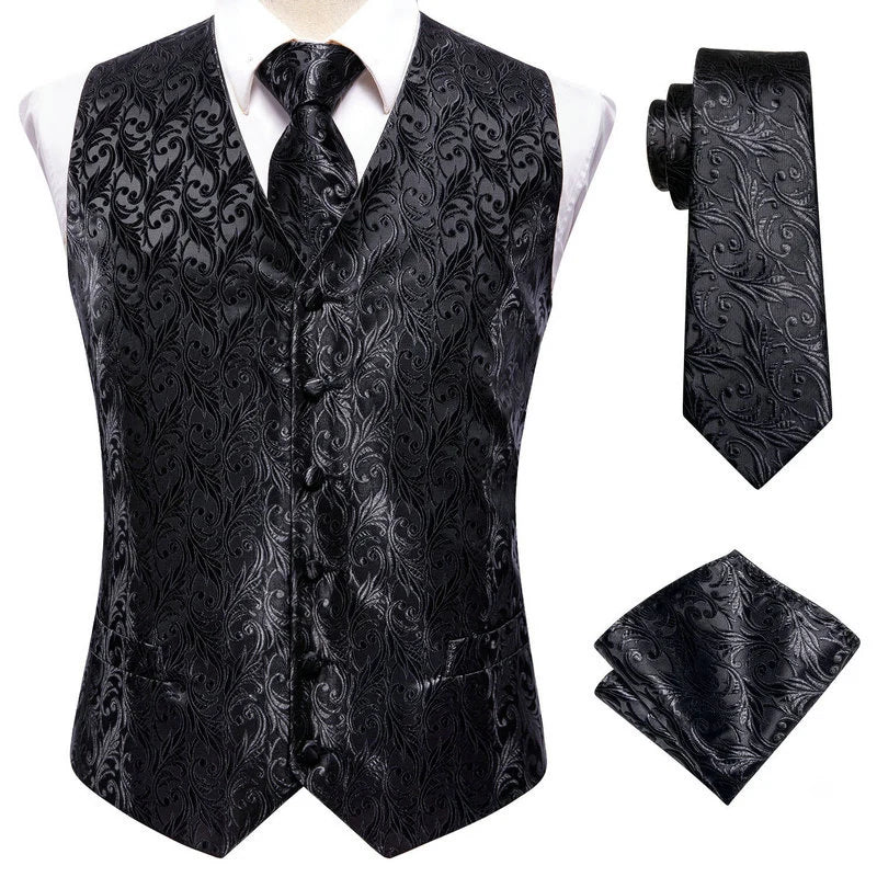 Men's Double Breasted Jacquard Waistcoat Vest Tie Pocket Square Set – Ivory Paisley Wedding & Formal Suit
