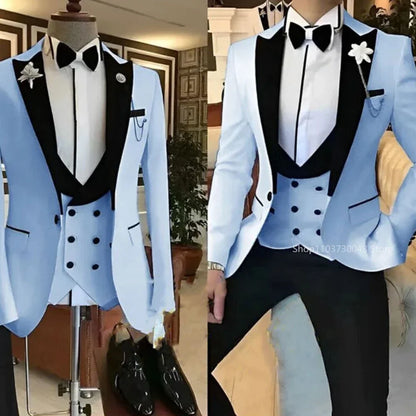 Latest Solid Formal Men's Wedding Suit Slim Fit Elegant Groom Tuxedos Business Party Suits 3 Pieces Sets (Jacket+Vest+Pants)
