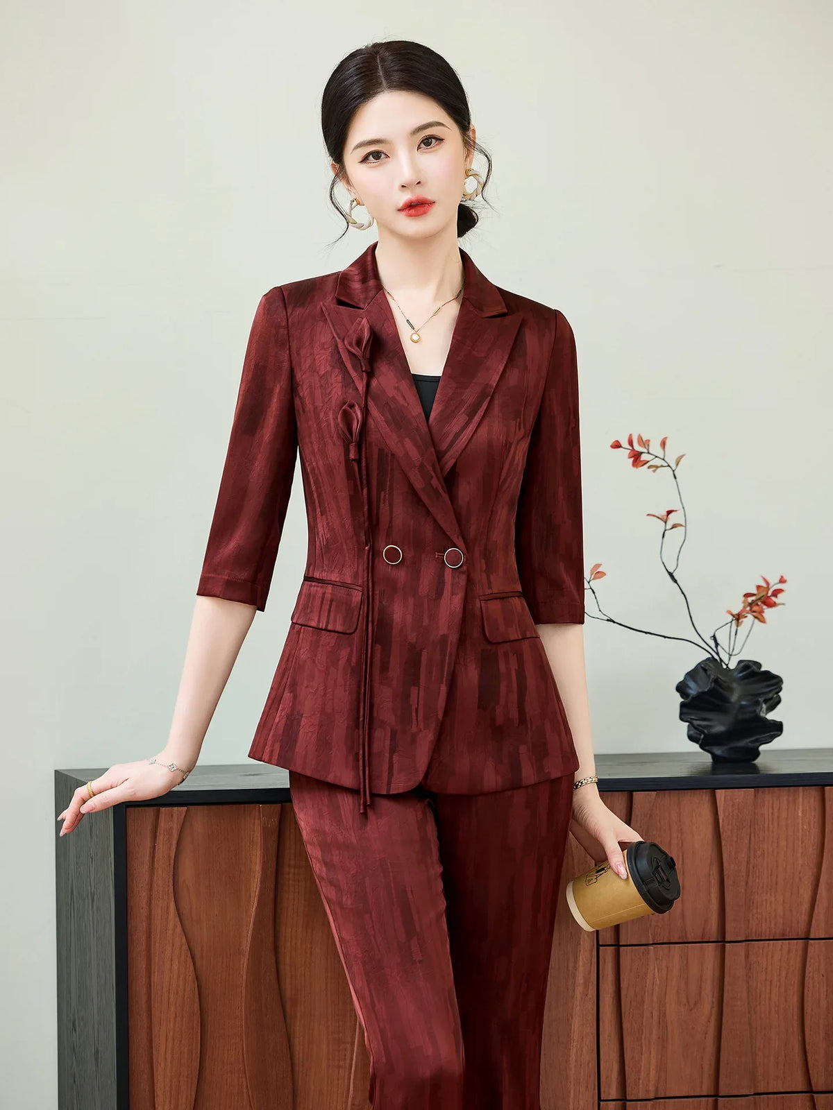 Spring Ladies Pant Suit Women Pink Wine Red Female Business Work Wear Half Sleeve Jacket and Trouser Formal 2 Piece Set Blazer