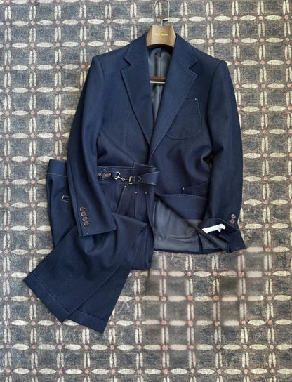 Business Men Office Work Denim Blue Lapel Single Breasted Blazer Jacket Casual Italian Style Designer Male Suit Two Piece Sets
