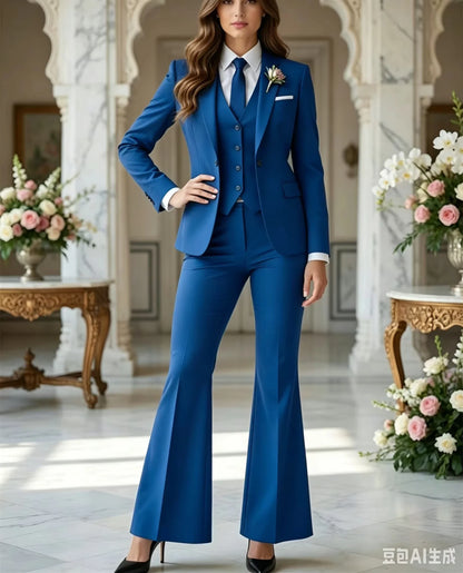 Luxury Fashion Navy Blue 3 Piece Suit Women Costume Tuxedo Flared Pantsuit 70s Retro Vintage Bridal