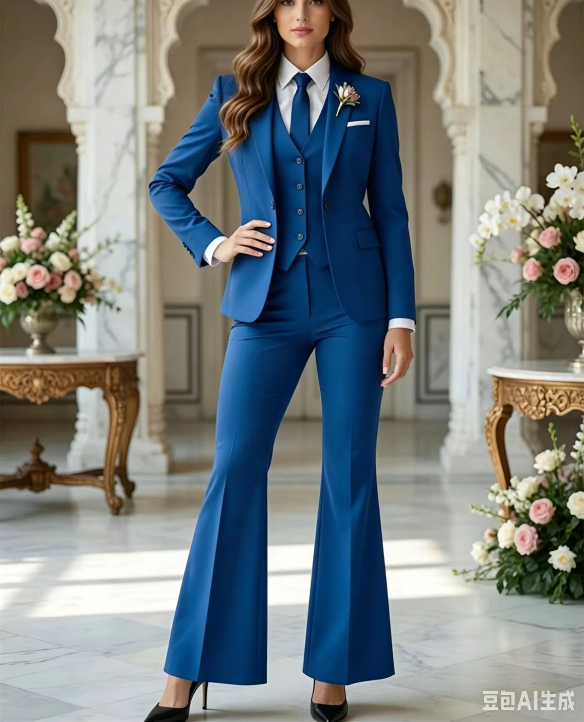Luxury Fashion Navy Blue 3 Piece Suit Women Costume Tuxedo Flared Pantsuit 70s Retro Vintage Bridal