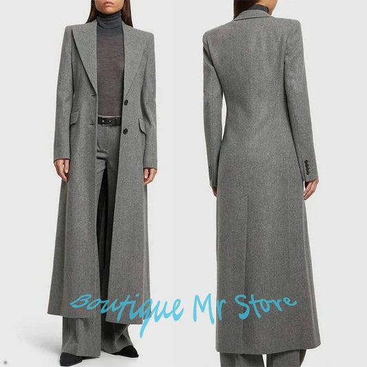 Women’s Gray Woolen Long Jacket+Pants Set 2 Piece Single-breasted Suit for Formal Office Daily Looks Winter Warm Outerwears