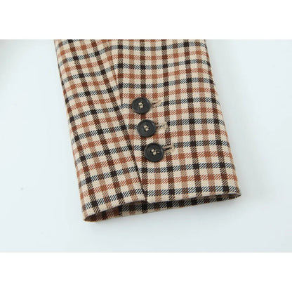 Stylish Plaid Pant Suits for Women New in Commuting Style Two Pieces Straight Plaid Blazer Matching Tonal Pleated Wide Leg Pants