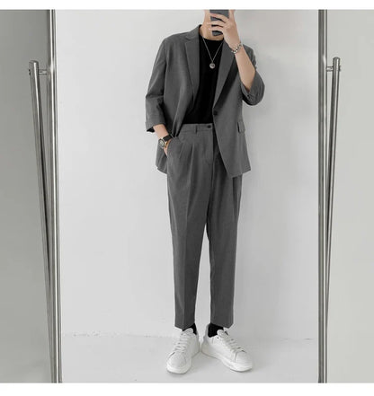 2022 Fashion Summer 2-piece Set Solid Color Single-breasted Casual Simple Student Wear Homme Loose Suits Wear (Blazers + Pants)