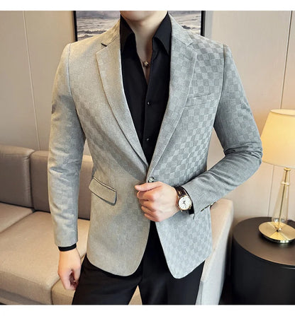 2024 Spring Plaid Blazers Men Single Breasted Casual Business Suit Jacket Fashion Slim Social Banquet Wedding Groom Dress Coats