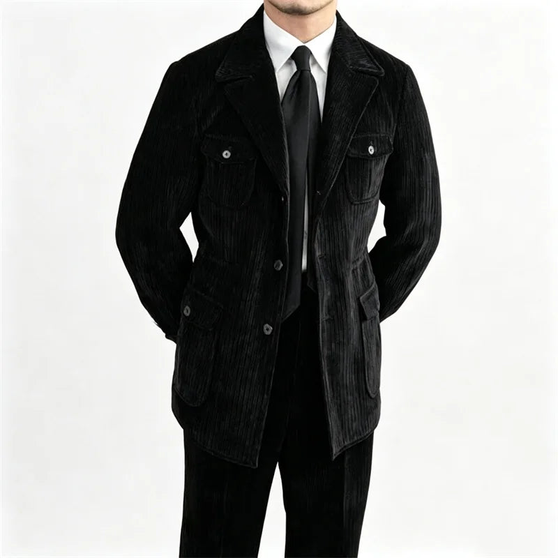 Men's Retro Corduroy 2 Pieces Suit Multi Flap Pockets Safari Blazer Matching Trousers For Formal Daily Party Wedding Business